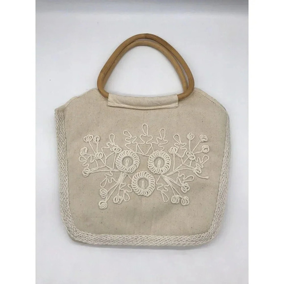 Handmade Canvas Clutch Purse‎ Embroidered Bamboo Handles Tote Bag Boho Cottage - Picture 4 of 14